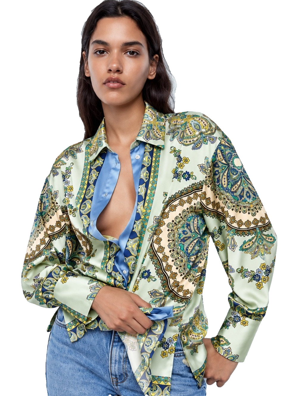 ZARA WOMEN’S L SATIN PAISLEY PRINT BUTTON DOWN BLOUSE GREEN BLUE LONG SLEEVE